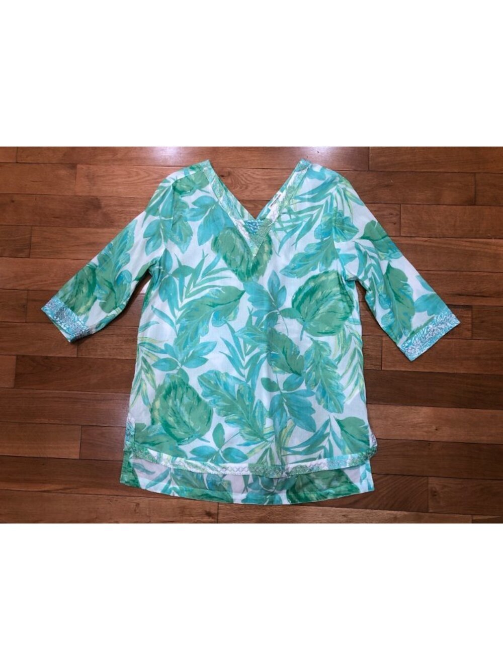 Christian Siriano Tropical Green & White Cover Up Tunic Size L Beach Bohemian - Picture 6 of 9